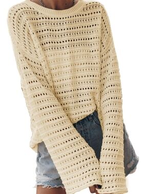 Lightweight Cream Open-Weave Crewneck Sweater